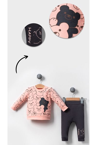 Bubito Happy Bears Patterned Cotton Baby Bottom and Top Set-pink
