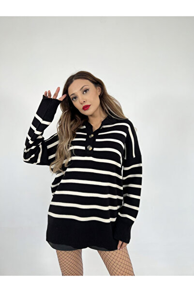 vuvutasarım Pulover de tricotaj largi cu dungi cu nasturi de sezon nou FM-3835