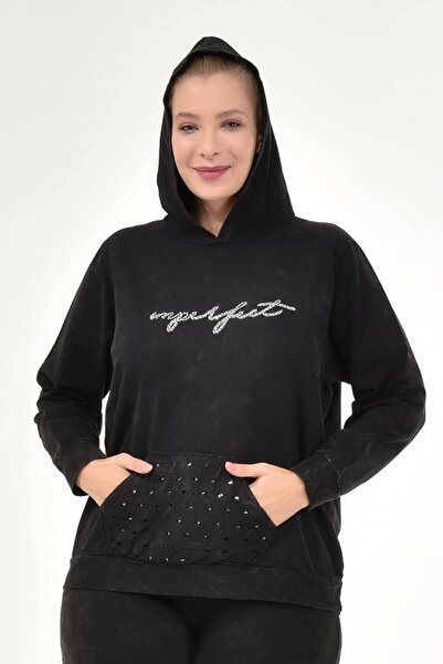 Mia Butik سويت شيرت نسائي بغطاء للرأس باللون الأسود بمقاس كبير على الطراز الإ...