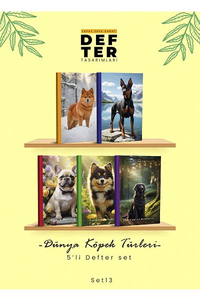 YAPAY ZEKA SANAT مجموعة دفاتر ملاحظات من أنواع الكلاب العالمية مكونة من 5 قطع 13