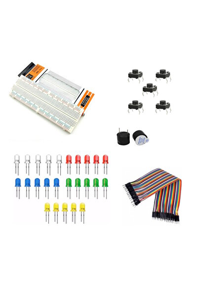 Ponemio 5'li Set; Breadboard 25 Adet Led Erkek Erkek Jumper 5 Buton Buzzer