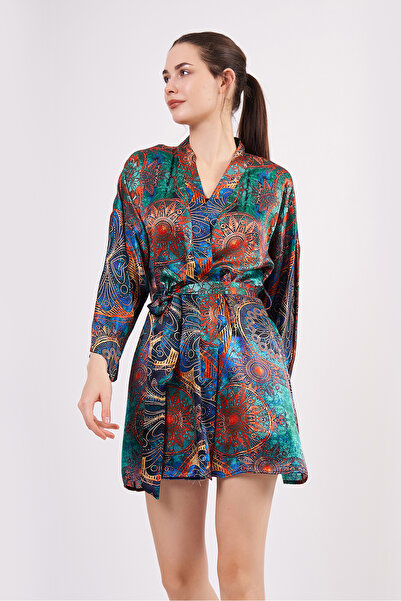 Nomads Felt Saf İpek Kısa Kimono Kaftan | Mandala Desen 2 Yeşil | Nomads Felt