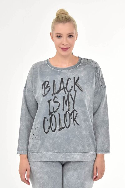 Mia Butik Women's Large Size Italian Washed Gray Round Collar Sweatshirt