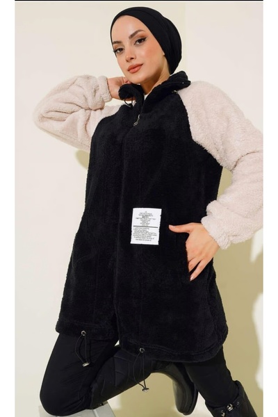 moda periy kadın mevsimlik modest basic çift renk Garnili Arma Detaylı kışlık Peluş Tesettür Hırka