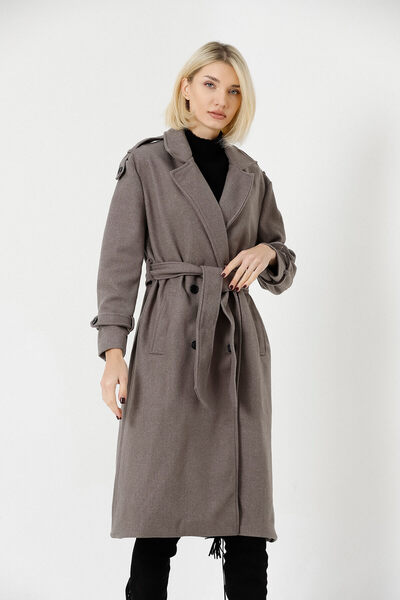 STİLPİX Жіночий сірий підкладковий пальто з подвійним коміром | Women's Gray Lined Double Breasted Collar Coat