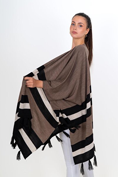 CHUBA Γυναικείες φούντες Colorblock Πλεκτά Poncho Shawl Brown 24W123