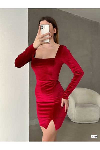 dükkan10butika Women's Long Sleeve Square Collar Skirt Slit Velvet Dress Burgundy
