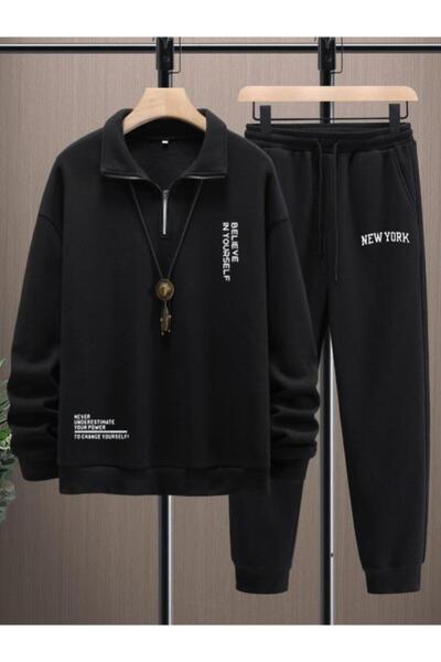 MYDARKSTYLE Men's Believe Printed Polo Neck Half Zipper Sweatshirt Tracksuit Set