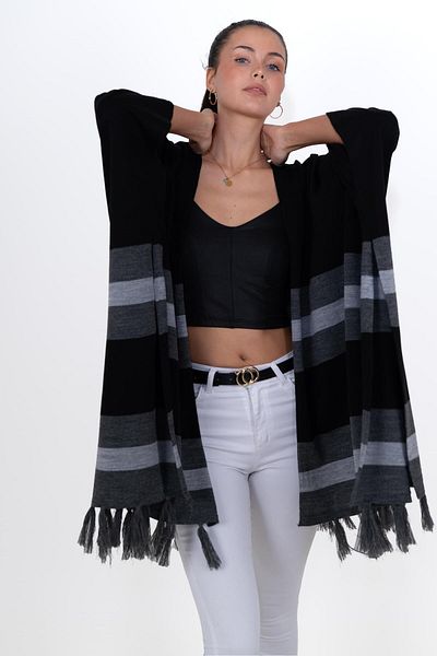 CHUBA Women's Tasseled Color Blocked Knitwear Poncho Shawl Black 24W123