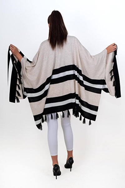 CHUBA Γυναικεία φούντα Color Block Πλεκτά Poncho Shawl Beige 24W123