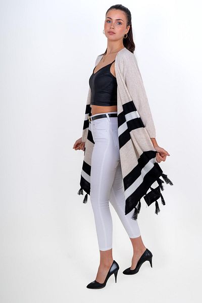 CHUBA Γυναικεία φούντα Color Block Πλεκτά Poncho Shawl Beige 24W123