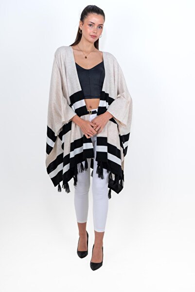 CHUBA Γυναικεία φούντα Color Block Πλεκτά Poncho Shawl Beige 24W123