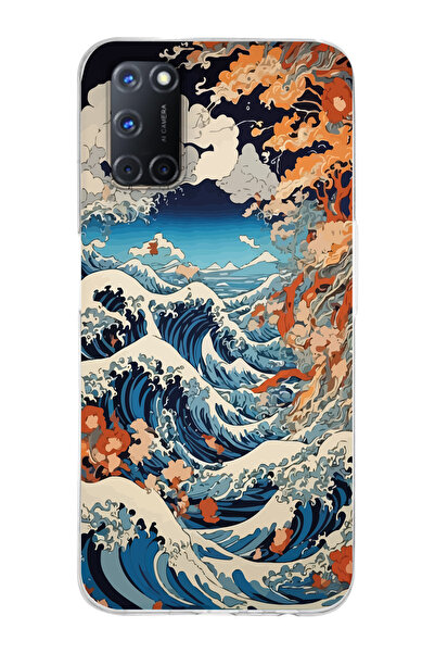 Magic Ring Oppo A52/A72/A92 Uyumlu Kanagawa Dalga Desenli Şeffaf Telefon Kılıfı