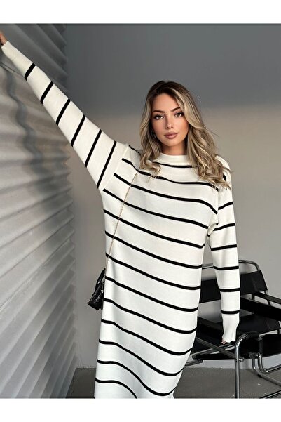 ZF BUTİK White Striped Long Sleeve Knitwear Women's Dress