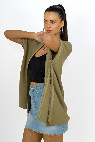 CHUBA Tricotaj de damă cu franjuri și nasturi laterali cu detalii Poncho kaki 24W149