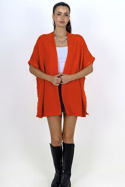 CHUBA Women's Fringed and Button-Detailed Knit Poncho Orange 24W149