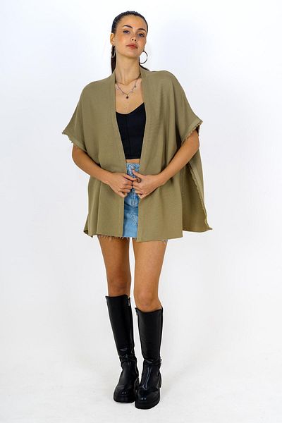 CHUBA Women's Fringed and Side Button Detailed Knitwear Poncho Khaki 24W149