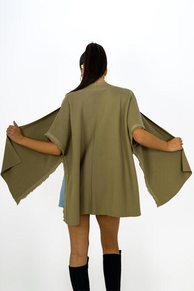 CHUBA Women's Fringed and Side Button Detailed Knitwear Poncho Khaki 24W149