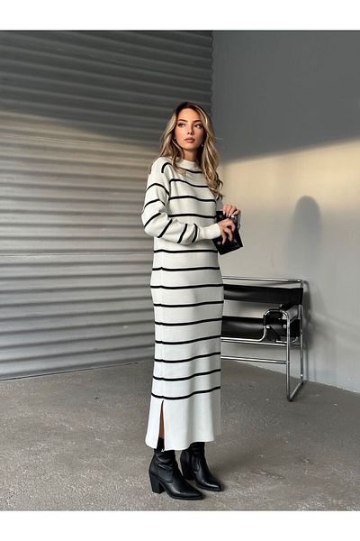 ZF BUTİK Weiß gestreiftes, langärmliges Strickkleid für Damen