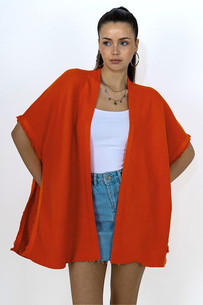 CHUBA Women's Fringed and Button-Detailed Knit Poncho Orange 24W149