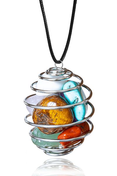 Tesbih Atölyesi 7 Chakra Certified Wire Wrapped Necklace - Tiger Eye - Quartz - Jasper - Turquoise - Howlite - Aventurine