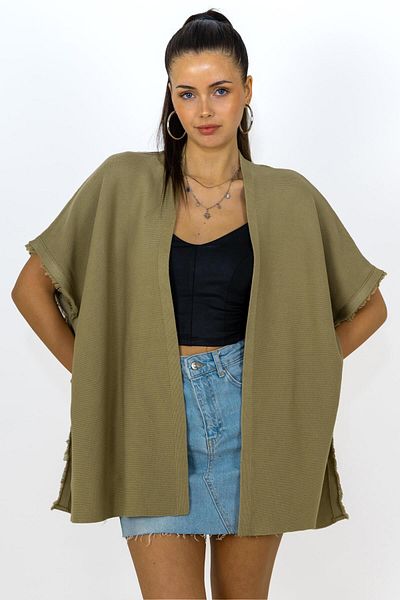 CHUBA Women's Fringed and Side Button Detailed Knitwear Poncho Khaki 24W149