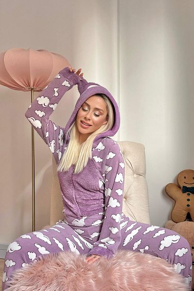 Pijamaevi Lilafarbenes Cloud-gemustertes Fleece-Plüsch-Overall-Pyjama-Set für Damen