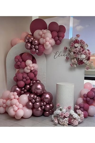 Çemrek Süs Parti Rosewood pink chrome balloon chain set 100 pieces of balloons and chain
