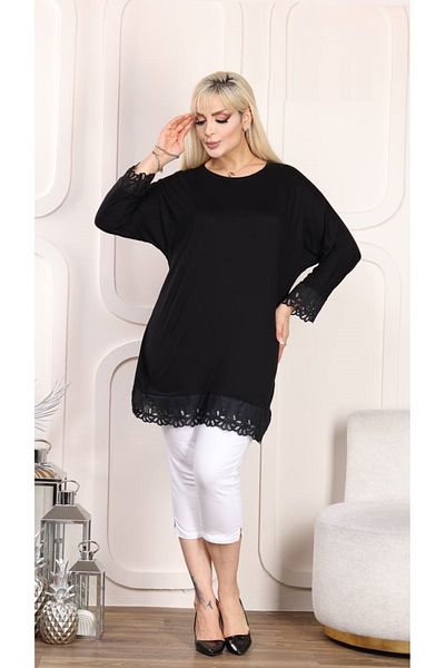Butik Nilyam Women's Large Size Visto Detail Bat Sleeve Lycra Tunic 21051 Black
