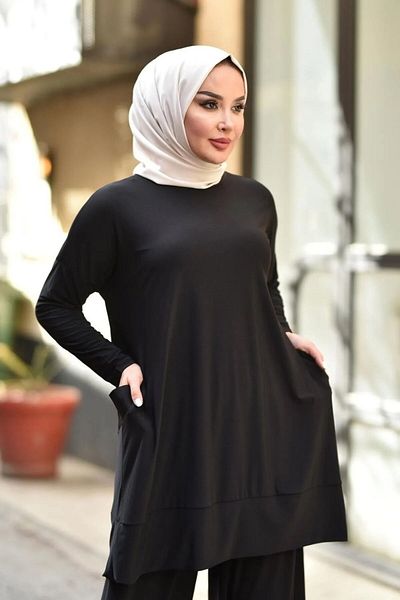 Aşkı Endam طقم ساندي مزدوج بجيب كبير الحجم - أسود