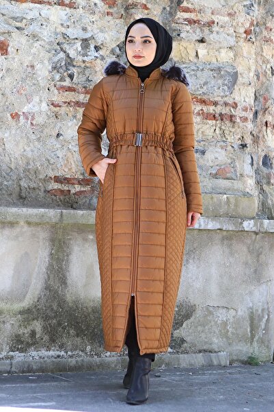 Aşkı Endam Large Size Ilgaz Hooded Quilted Coat - Tan