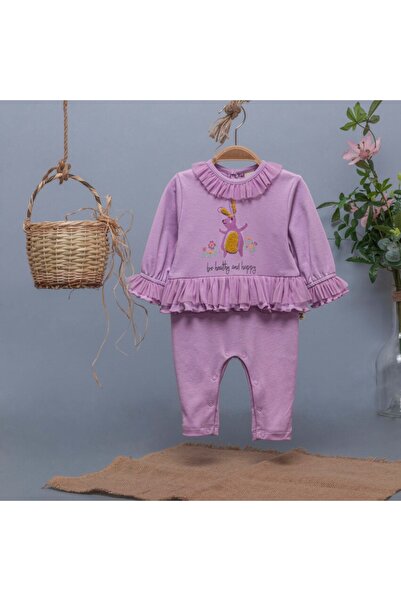 DIDuStore Lila Fırfırlı Yaka ve Neşeli Tavşan Baskılı Kız Bebek Romper