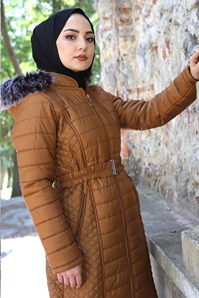 Aşkı Endam Large Size Ilgaz Hooded Quilted Coat - Tan