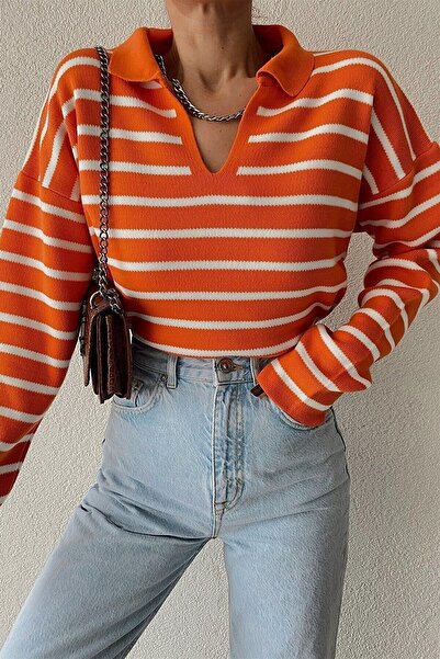 OSY Boutique Pulover OSY pentru damă, tricot în dungi cu gât polo