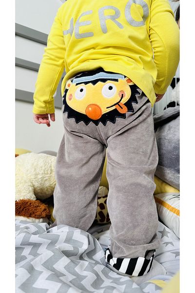 TD Collection Hedgehog Butt Embroidered Velvet Gray Color Striped Unisex Kids / Baby Pants
