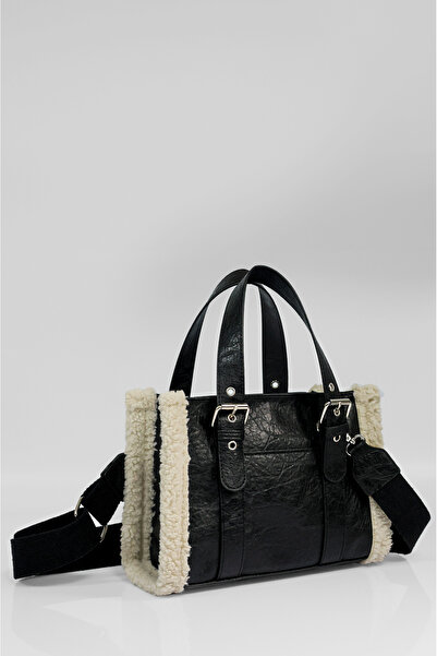 Rimense Černá kožešinová plyšová středně velká taška do ruky a přes rameno