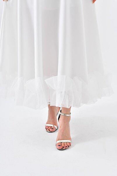 vuvutasarım Pamuklu Atlas Kumaş İnce Askılı Etekucu Tül Detaylı Midi Boy Beyaz Abiye Elbise 9326