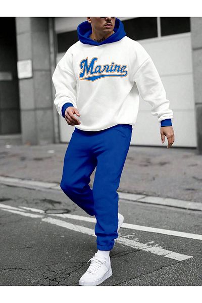 CLAYES White Sax Blue Printed - 100% Cotton Manine Tracksuit Set, Fleece Hooded Winter