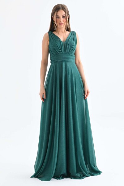 vuvutasarım Işıltılı Simli Kumaş Kalın Askılı V Yaka Prenses Kesim Maxi Boy Z...