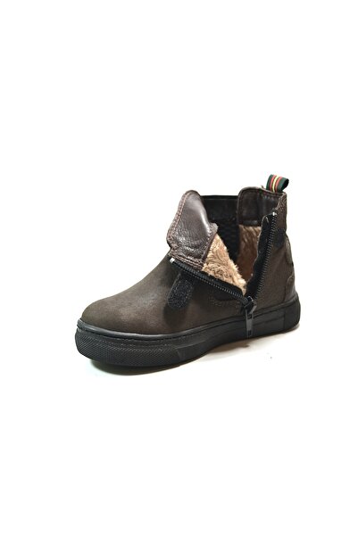 Onlo Ayakkabı R.246-1 Hakiki Deri Nubuk Kahverengi Fermuarlı Ortopedik Erkek Çocuk Bot