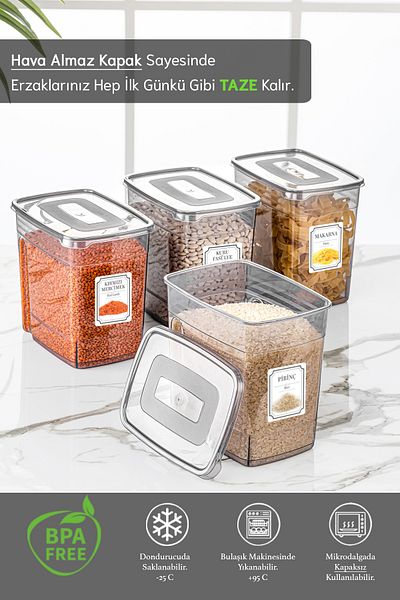 Meleni Home 4-Piece Lena Labeled Food Storage Container with Lid - Pulses Container Jar 4x3,5 Lt