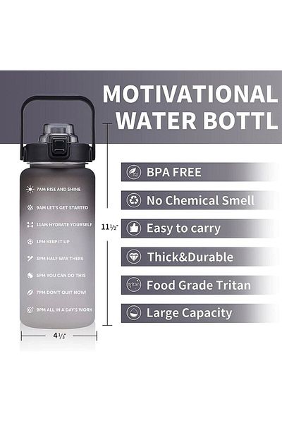BEYZANA Premium Black Motivational Water Bottle Water Bottle 2 Lt Tritan Sports Gym Water Bottle Bpa Free Water Bottle