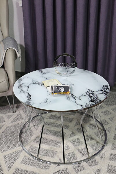 Zigonzi Gümüş metal kum saati, beyaz mermer desenli orta sehpa