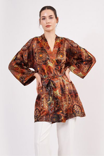 Nomads Felt Pure Silk Short Kimono Caftan| Mandala Pattern 6 Brown| Nomads Felt