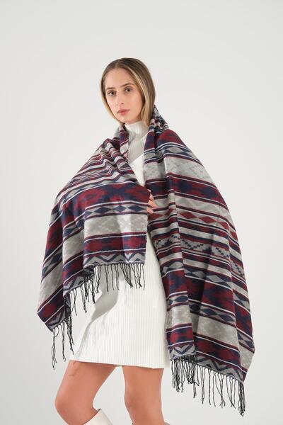 Deafox Bordo 70x180 Cm Püskül Detay Kendinden Desenli Omuz Şalı