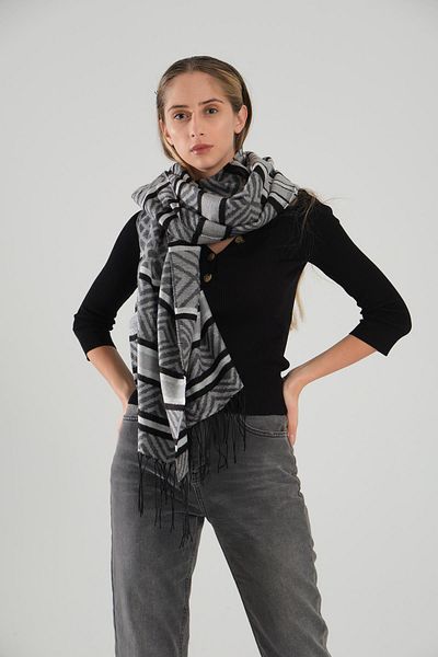 Deafox Grauer Schulterschal mit Quastendetail und eigenem Muster, 70 x 180 cm