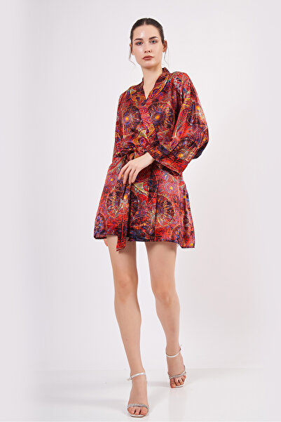Nomads Felt Saf İpek Kısa Kimono Kaftan | Mandala Desen Kırmızı | Nomads Felt
