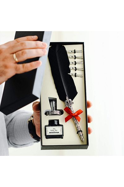 ASYA GIFTS قلم غمس أسود من الريش (5 رؤوس مختلفة ومجموعة حبر)