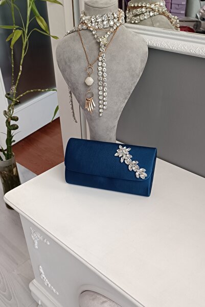 LA CALZATURE Lacivert Saten Yıldız Taşlı Aksesuarlı Oval Kesim Abiye Kadın Çanta
