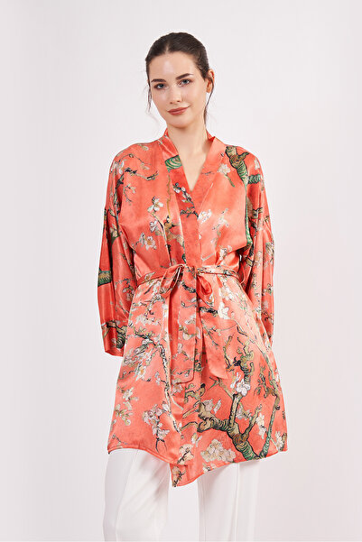 Nomads Felt Pure Silk Short Kimono Caftan| Van Gogh Almond Tree Pomegranate Flower| Nomads Felt
